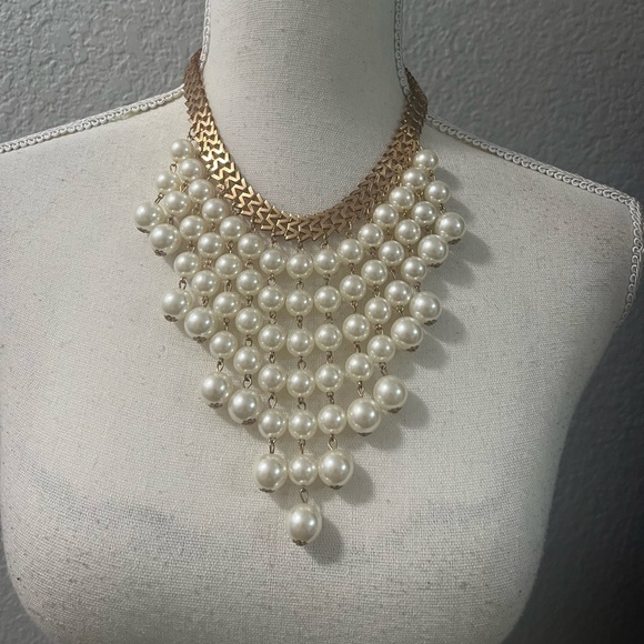 Gold Tone 2 Broke Girls Style Chevron Faux Pearl Choker Necklace - Picture 12 of 14